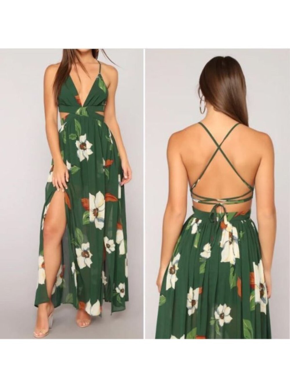 Fashion Nova Lanai Maxi Dress Size Medium Green Floral Print Cutout Waist Straps